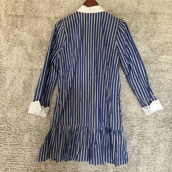 J.Crew Long Sleeved Shirt Dress Women Size 4 Blue and White Stripe‎ Beleted Midi - Picture 2 of 10